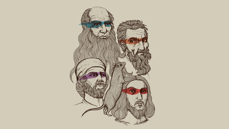 Four Bearded Men with Masks