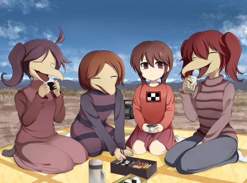 Four Bird-like Girls Eating