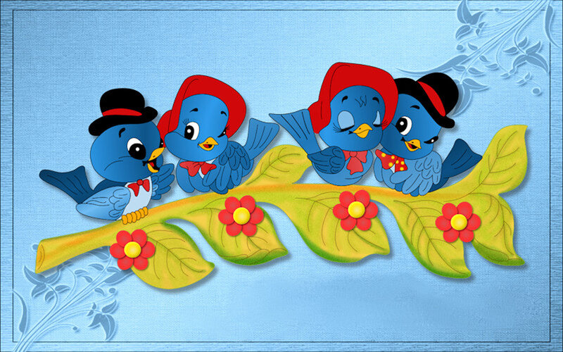 Four Blue Birds on Branch