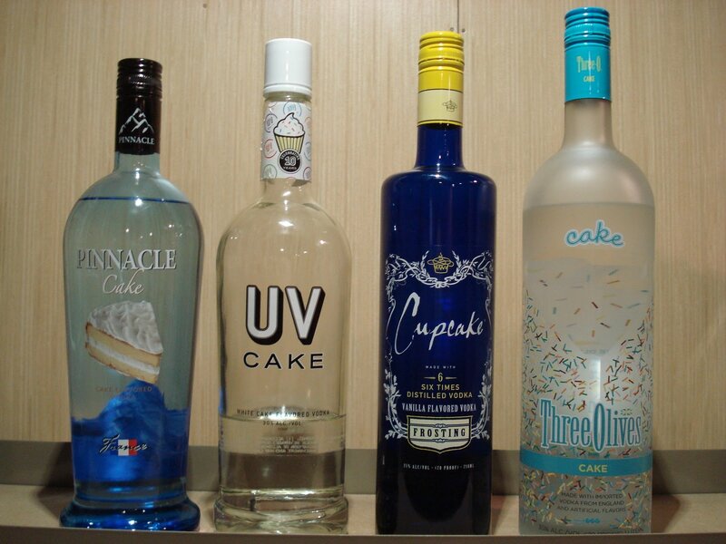 Four cake-flavored vodka bottles