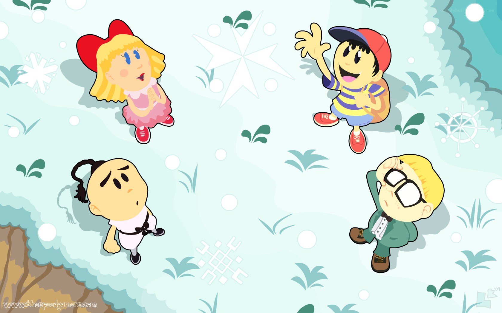 four cartoon characters in a snowy scene