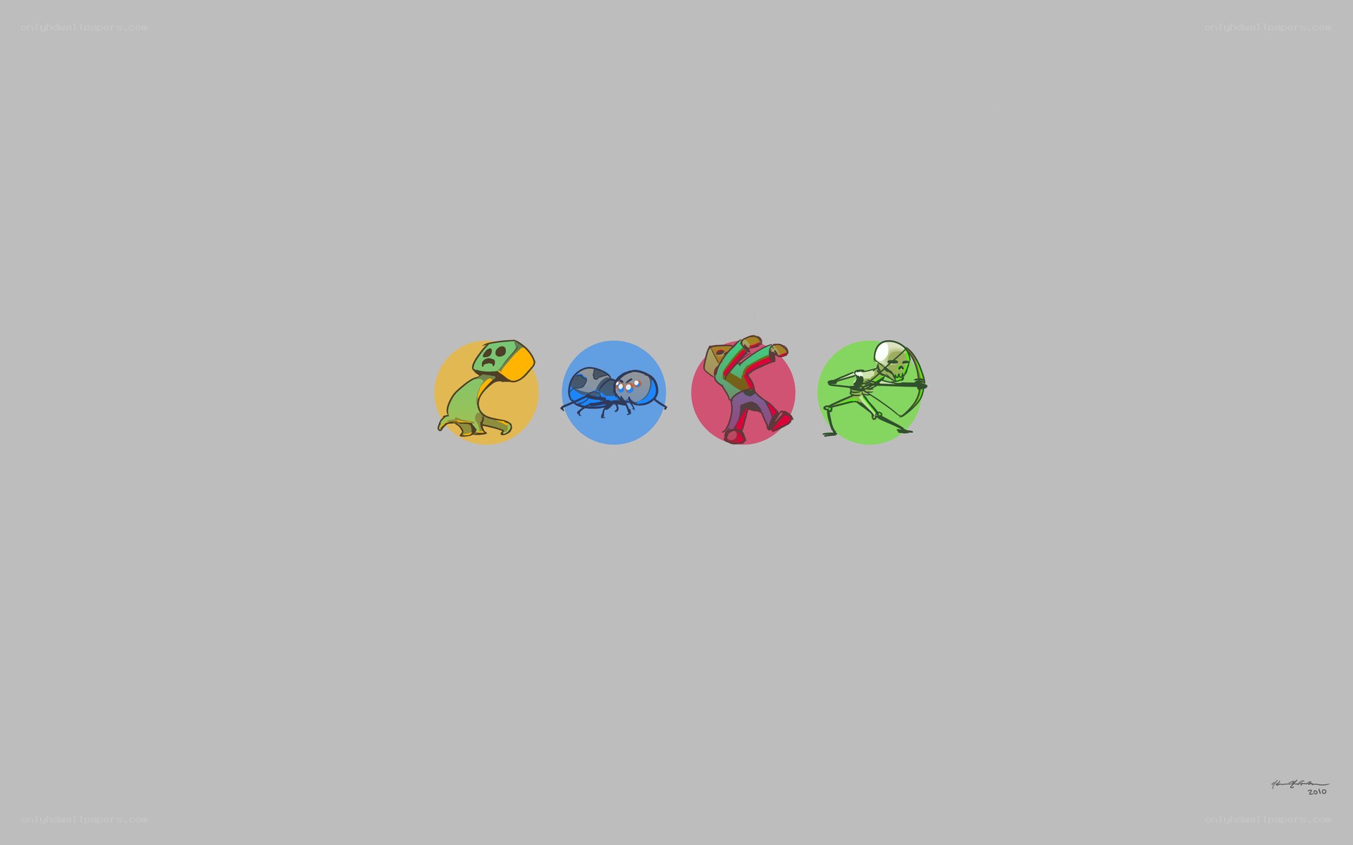 four cartoon characters in circles