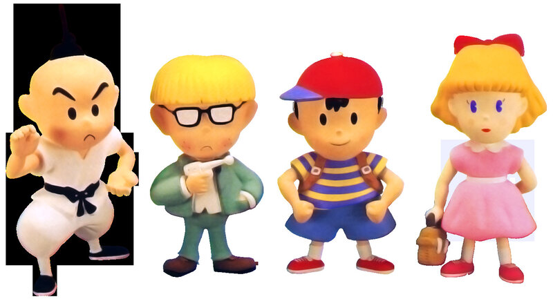 Four cartoon characters in various outfits