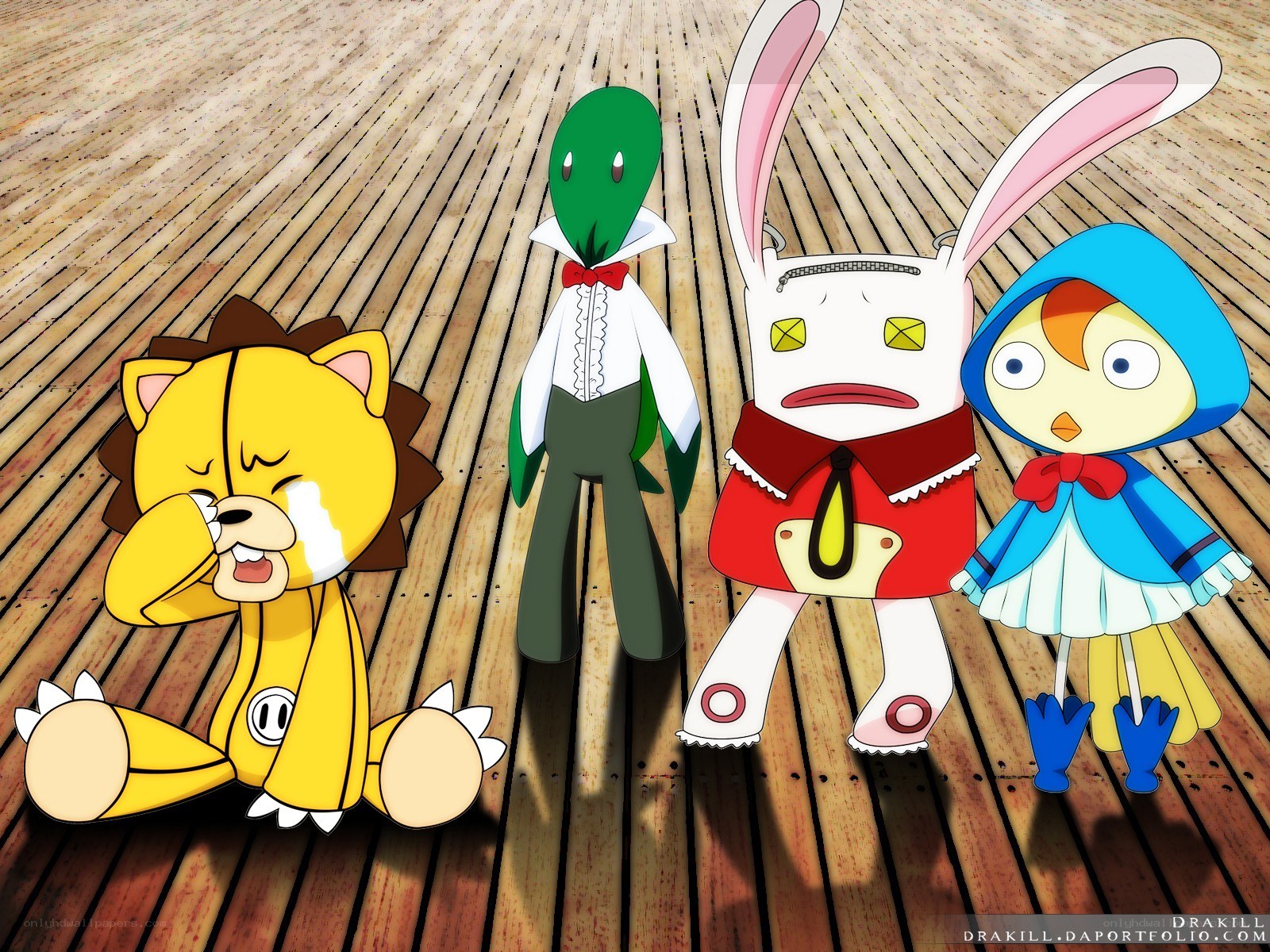 Four cartoon characters on wood