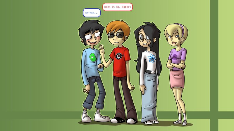 Four cartoon characters standing together