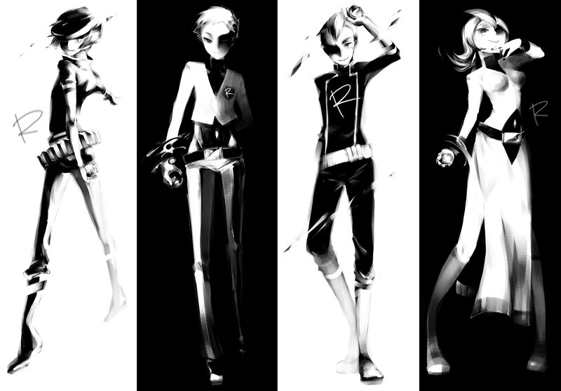 Four character designs in black and white