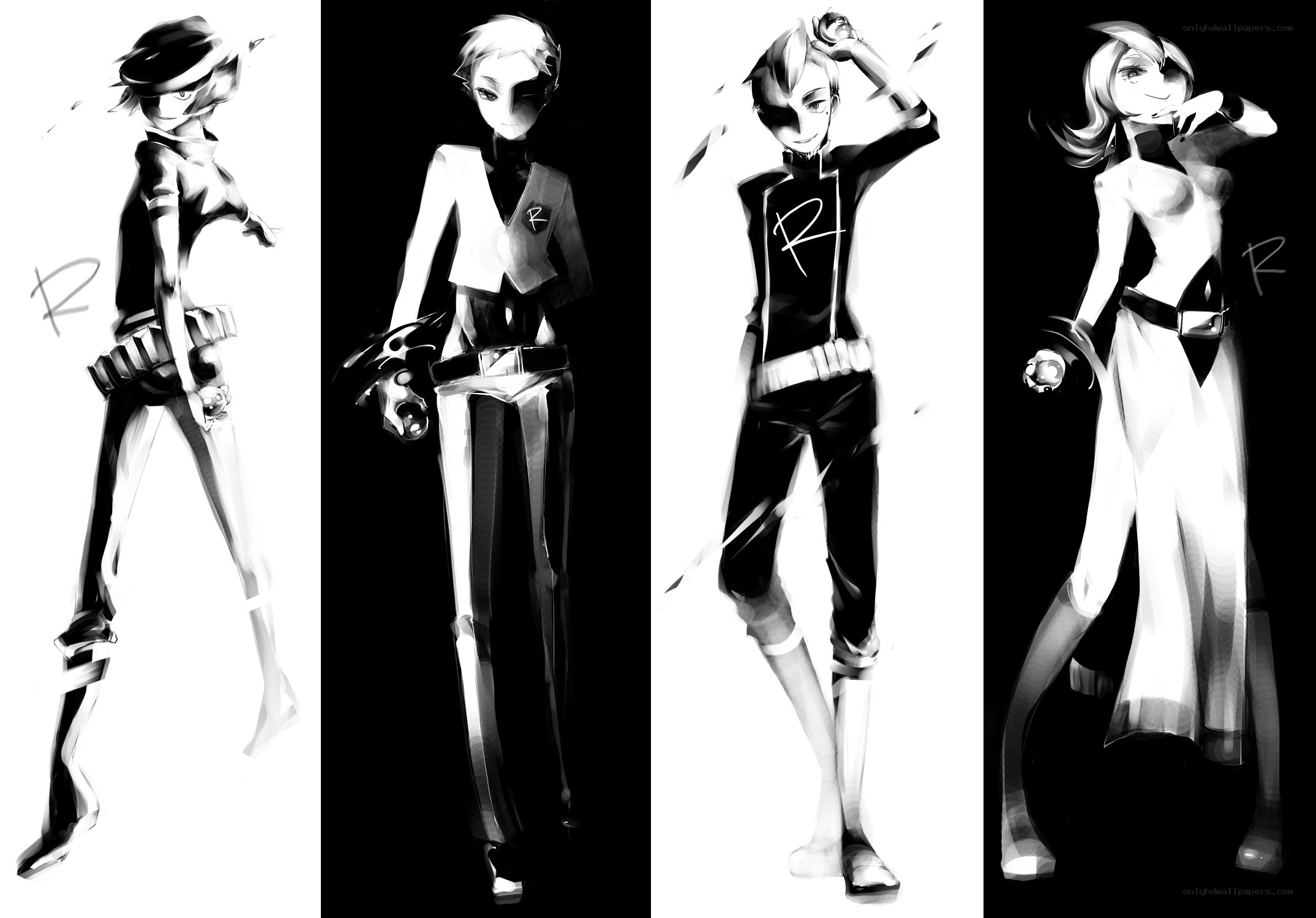 Four character designs in black and white