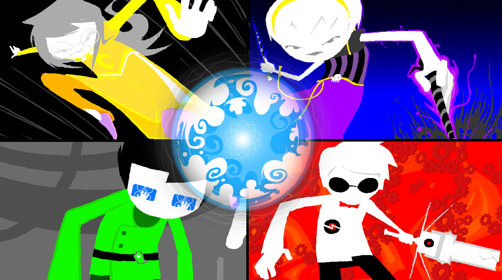 Four characters around a glowing orb