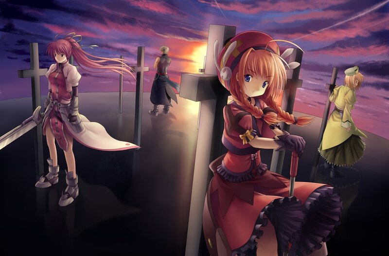 Four characters at sunset