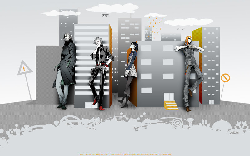 Four characters in a cityscape