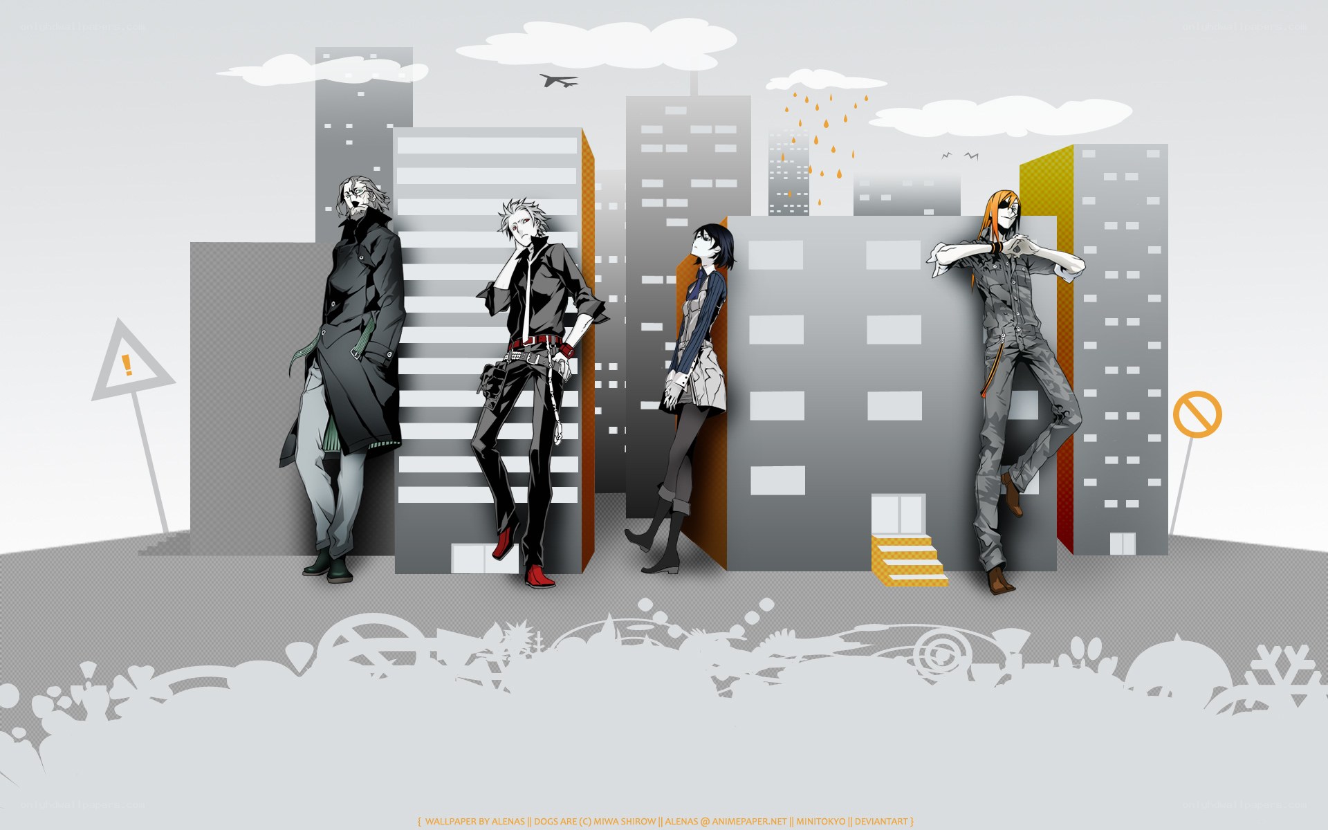 Four characters in a cityscape