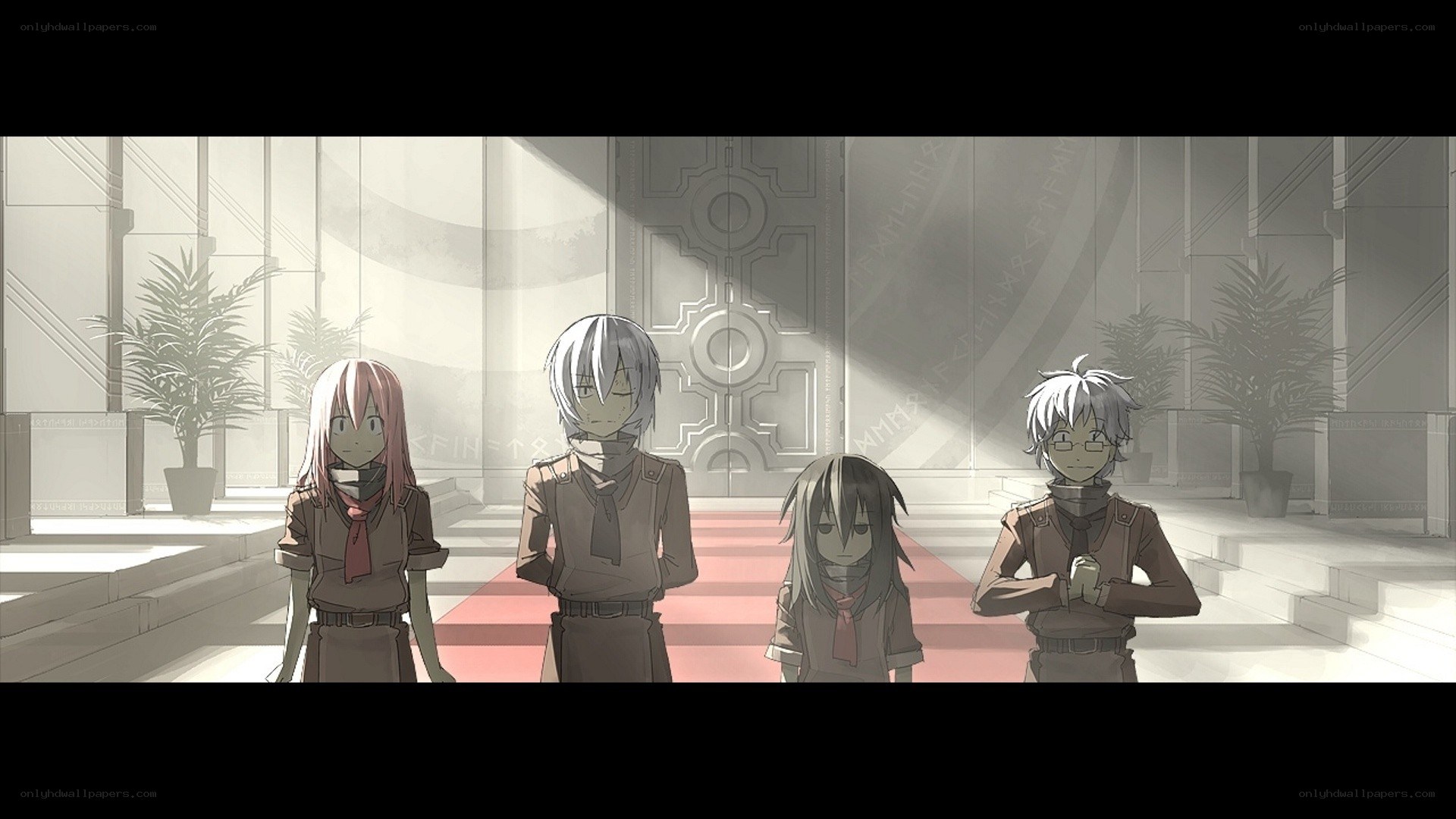 four characters in a grand hall