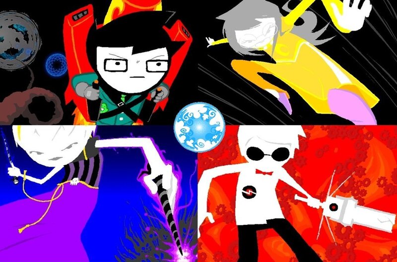 Four characters in action poses