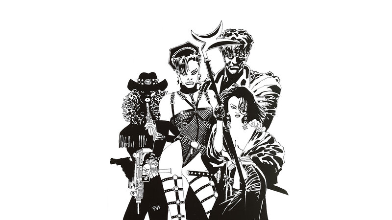 four characters in black and white art