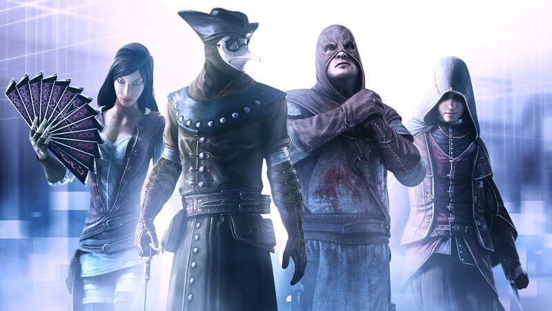 Four Characters in Costumes — Blue, Dramatic