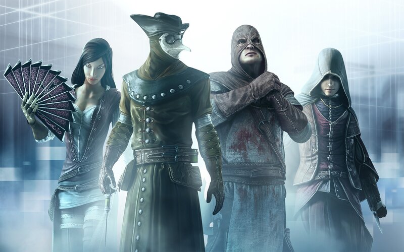 Four Characters in Costumes — Gray, Dramatic, Digital Art, Fan, Plague Doctor Mask