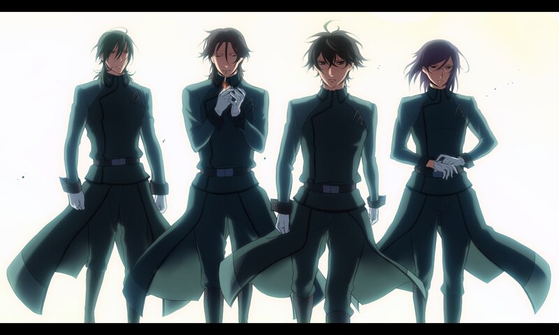 four characters in dark uniforms
