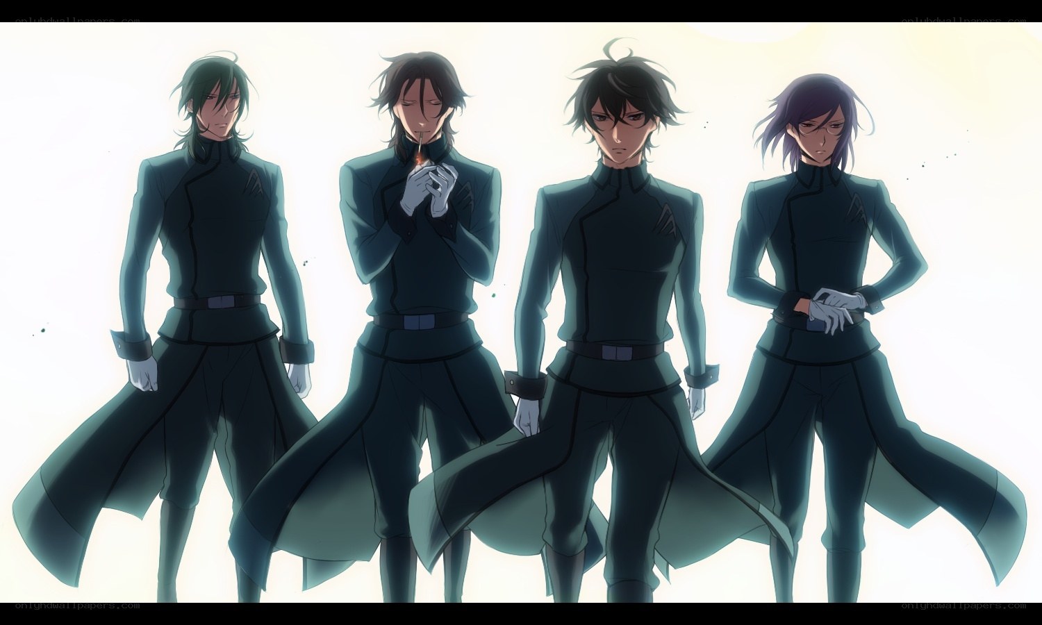 four characters in dark uniforms