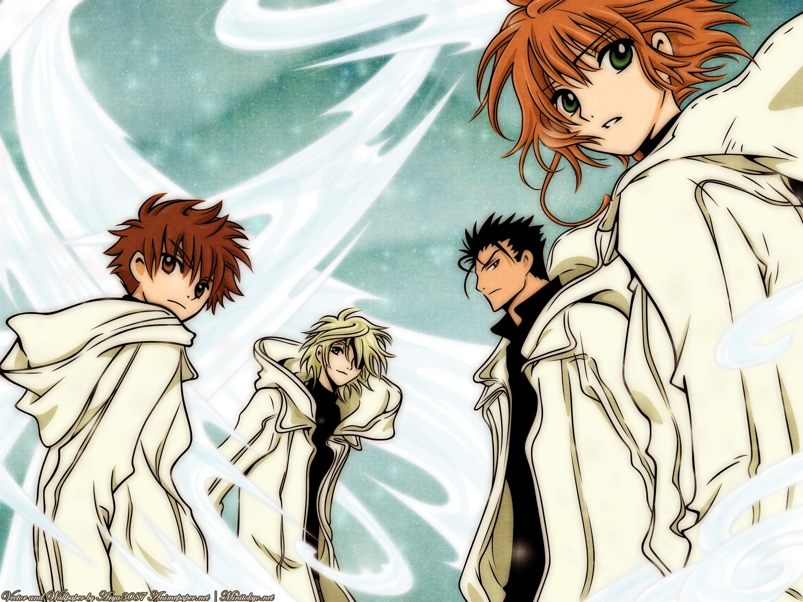 Four characters in white cloaks