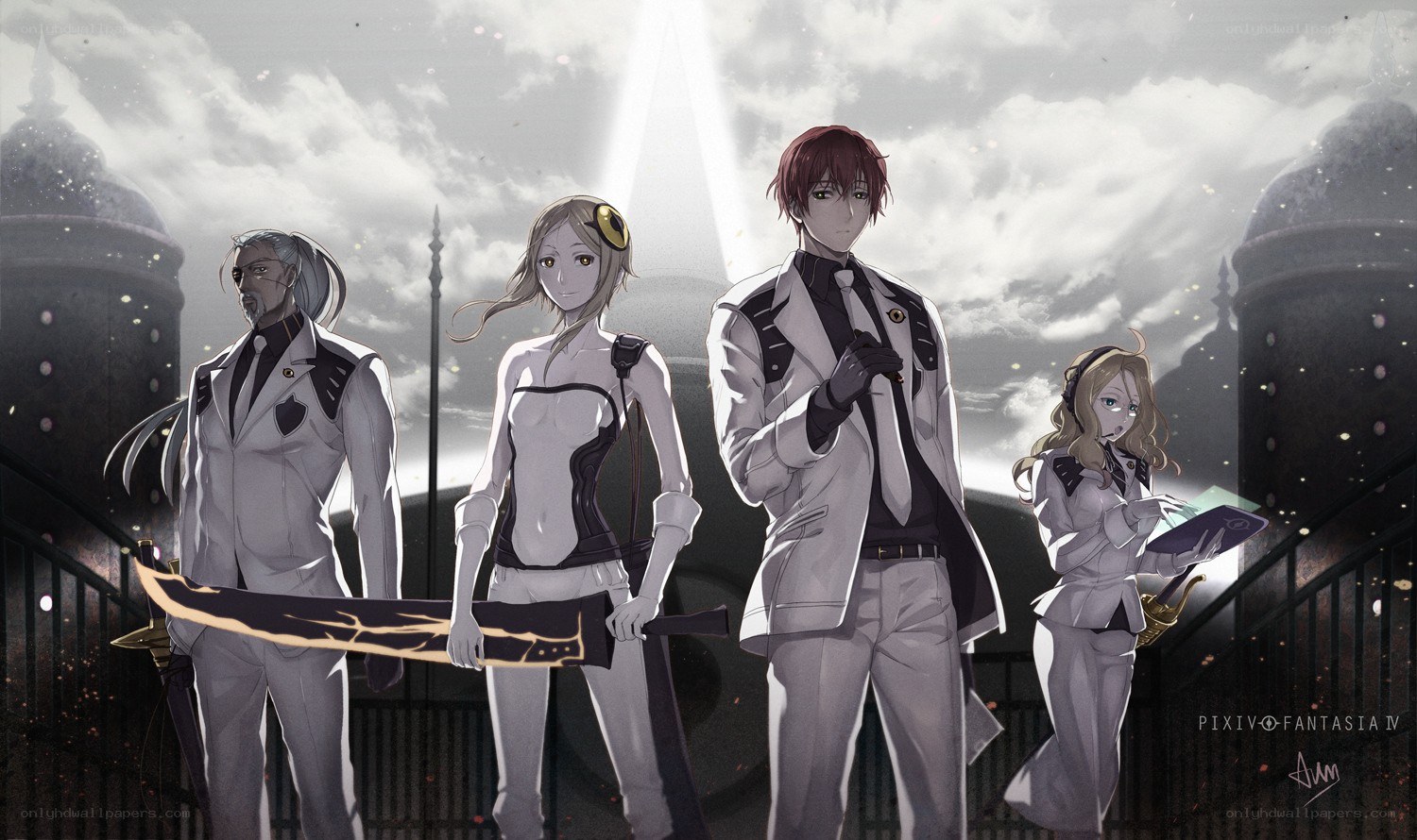 Four characters in white uniforms