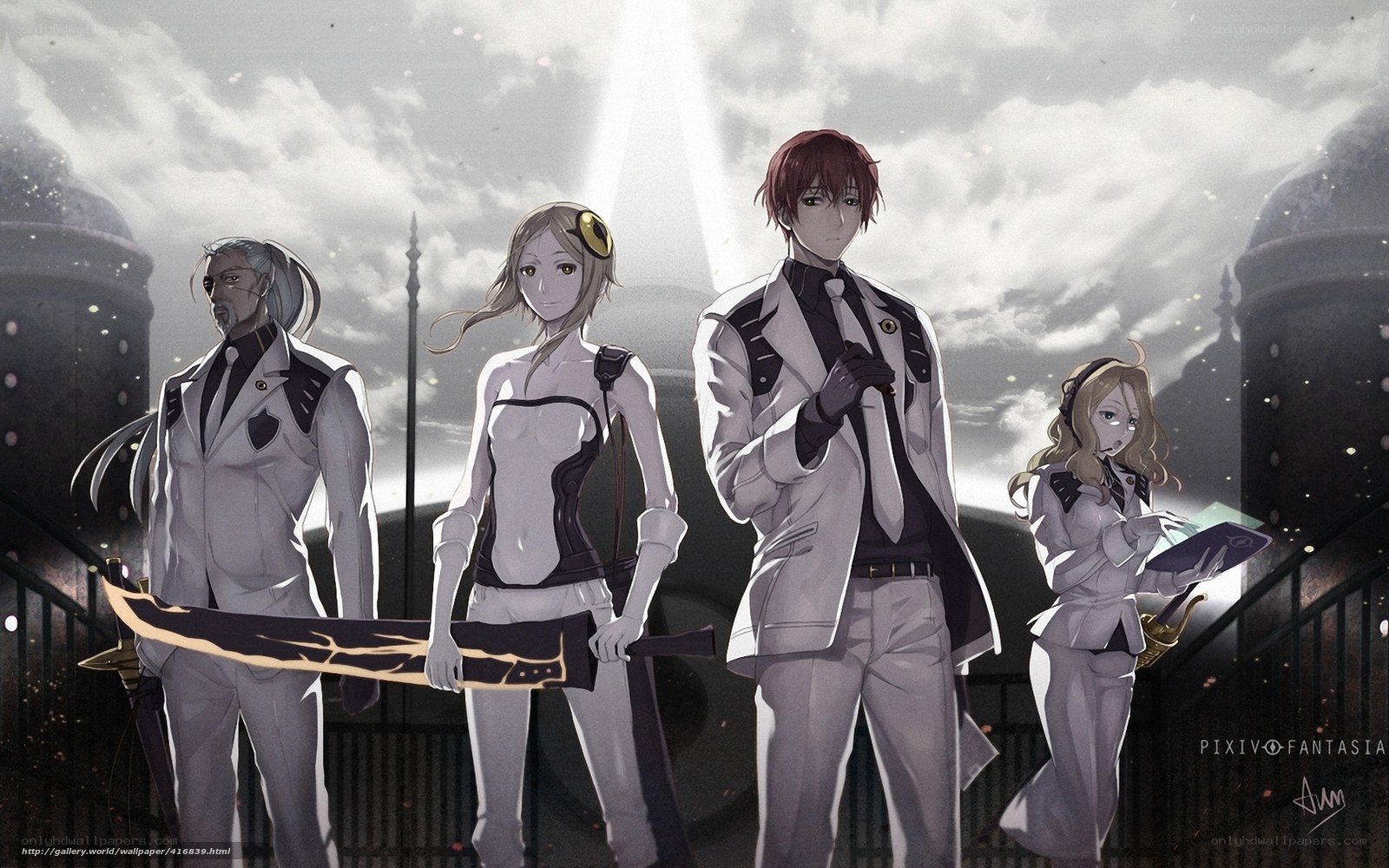 four characters in white uniforms