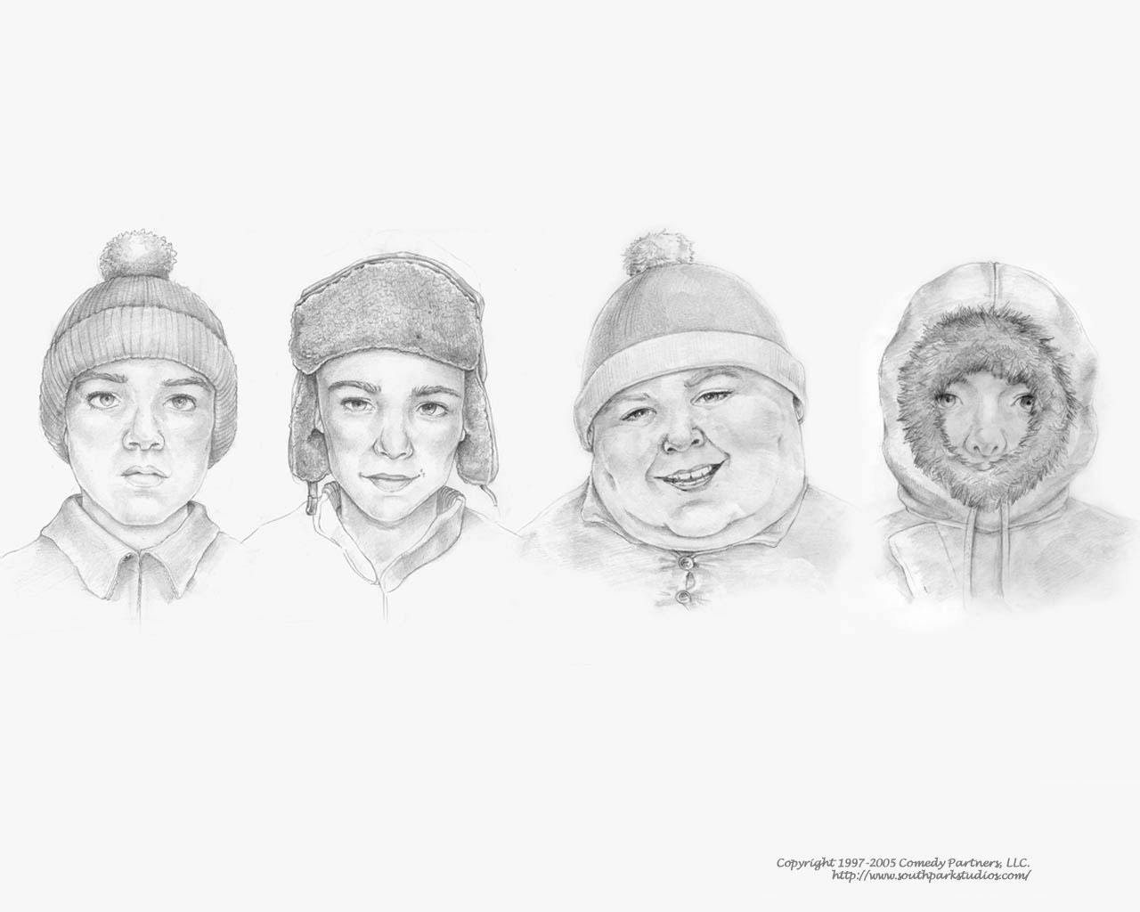 Four characters in winter hats