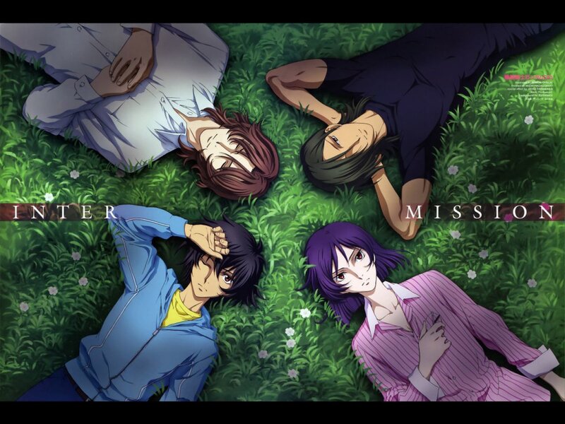 four characters lying on grass
