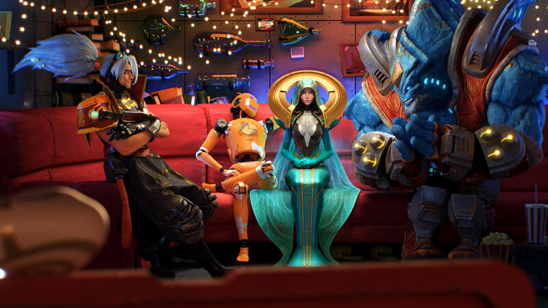 Four Characters on a Couch — Red, Relaxed