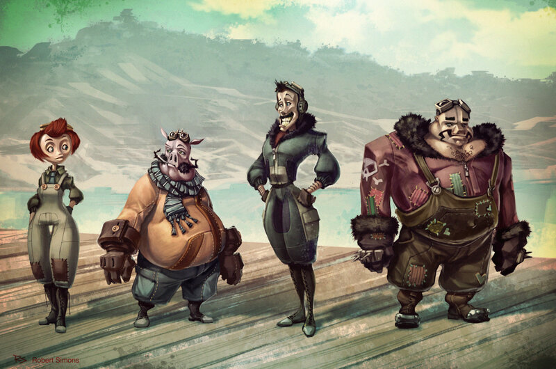 Four characters on a dock