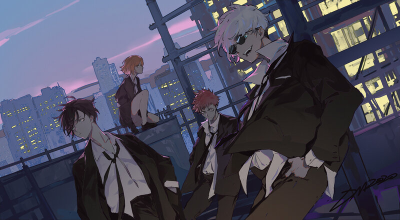 Four Characters on Rooftop — Purple