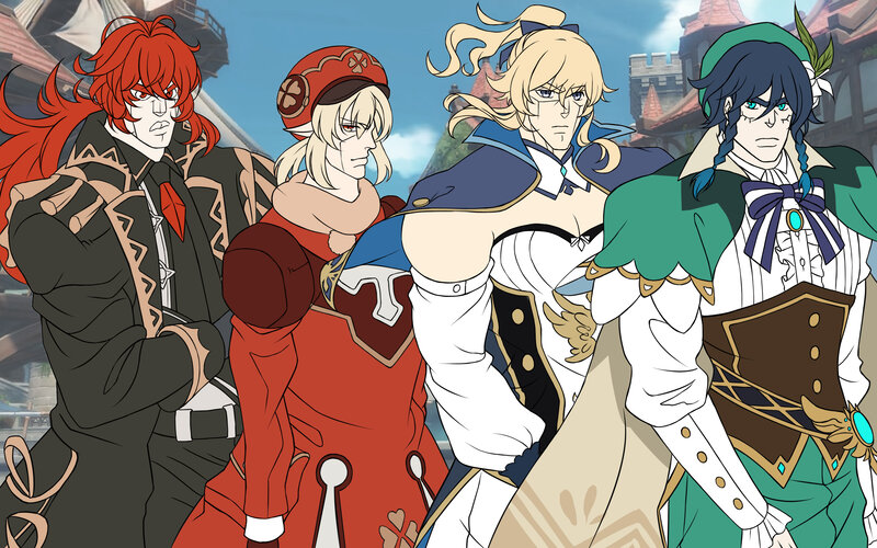 Four Characters Standing — Red, Dramatic
