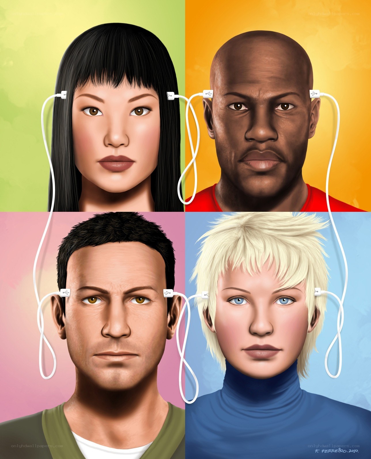four characters with earbuds