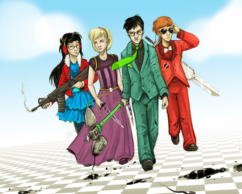 Four Characters with Weapons — Green, Dramatic
