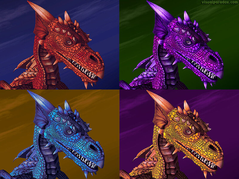 Four colored dragons in panels