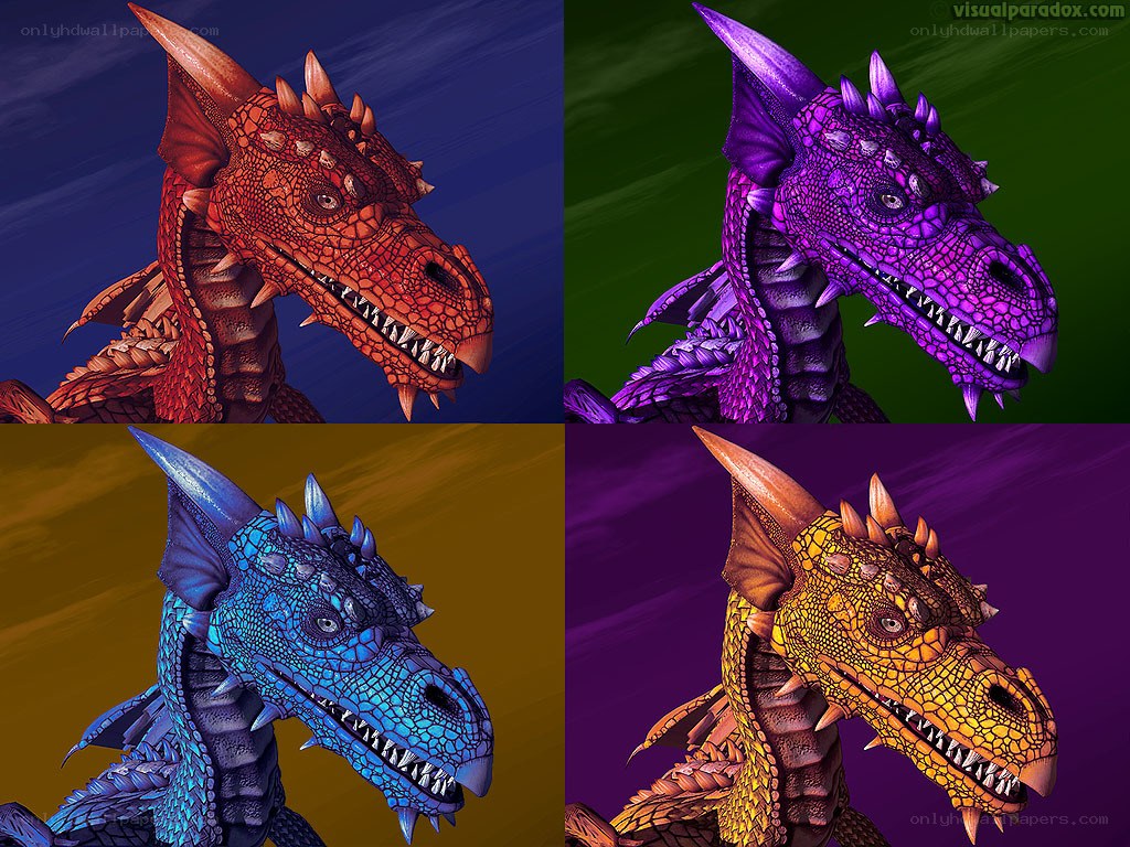 Four colored dragons in panels