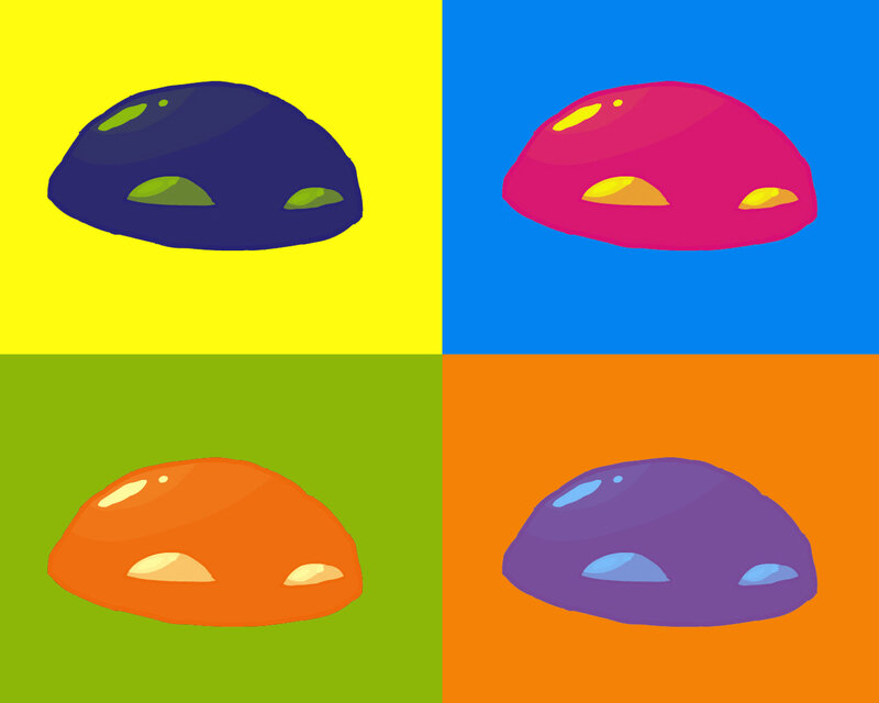 four colorful alien shapes