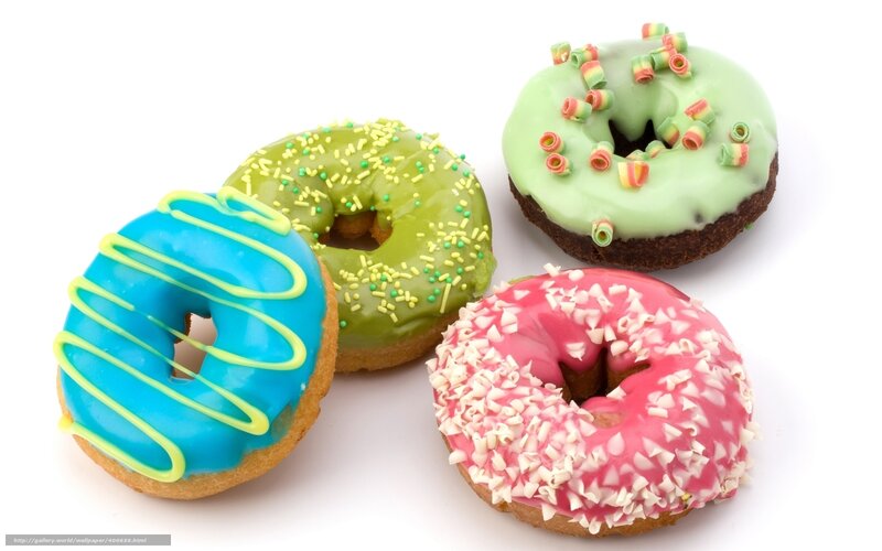 Four Colorful Donuts — Blue, Appetizing, Photograph