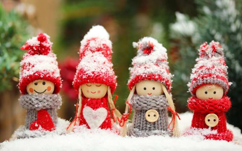 Four Dolls in Snow — Red, Festive, Winter, Photograph