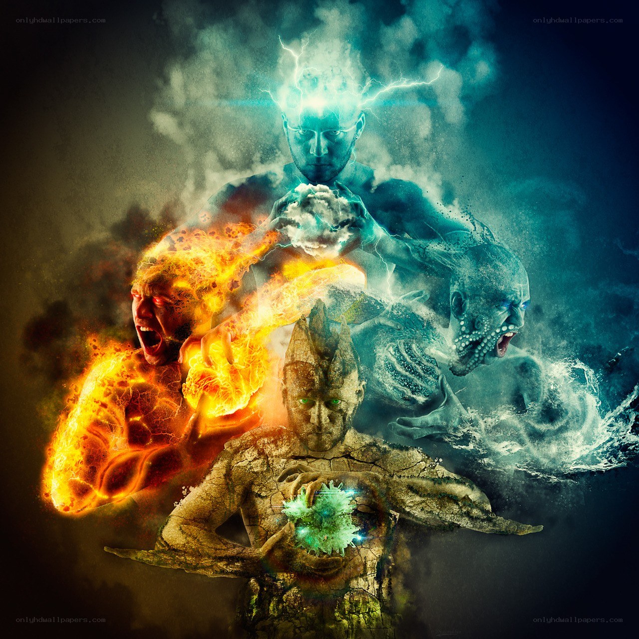 Four elemental beings in conflict