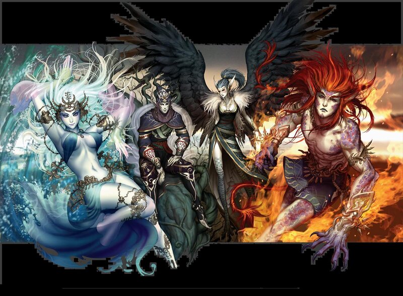 Four elemental beings in fantasy art