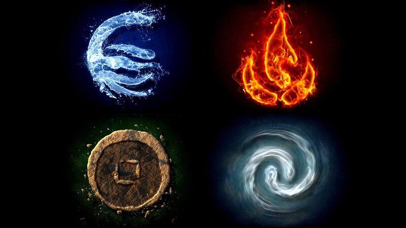 Four Elemental Symbols — Blue, Dramatic, Digital Art, Fire