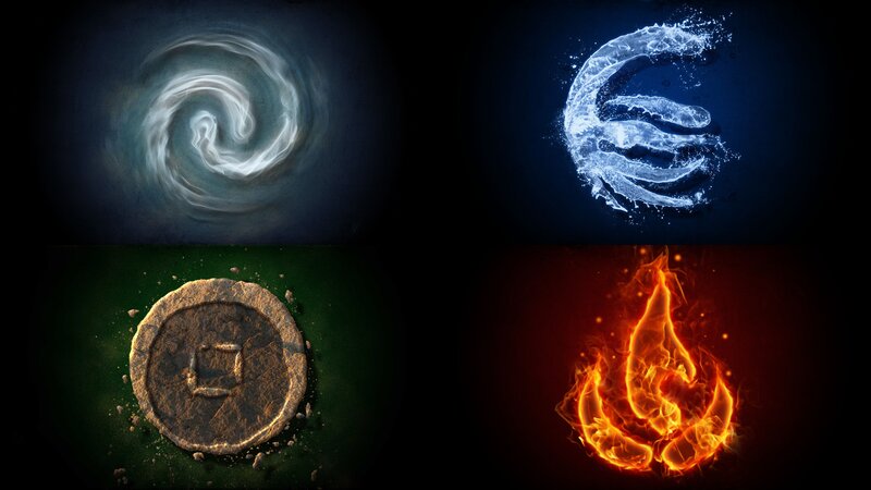 Four Elemental Symbols — Blue, Dramatic, Digital Art
