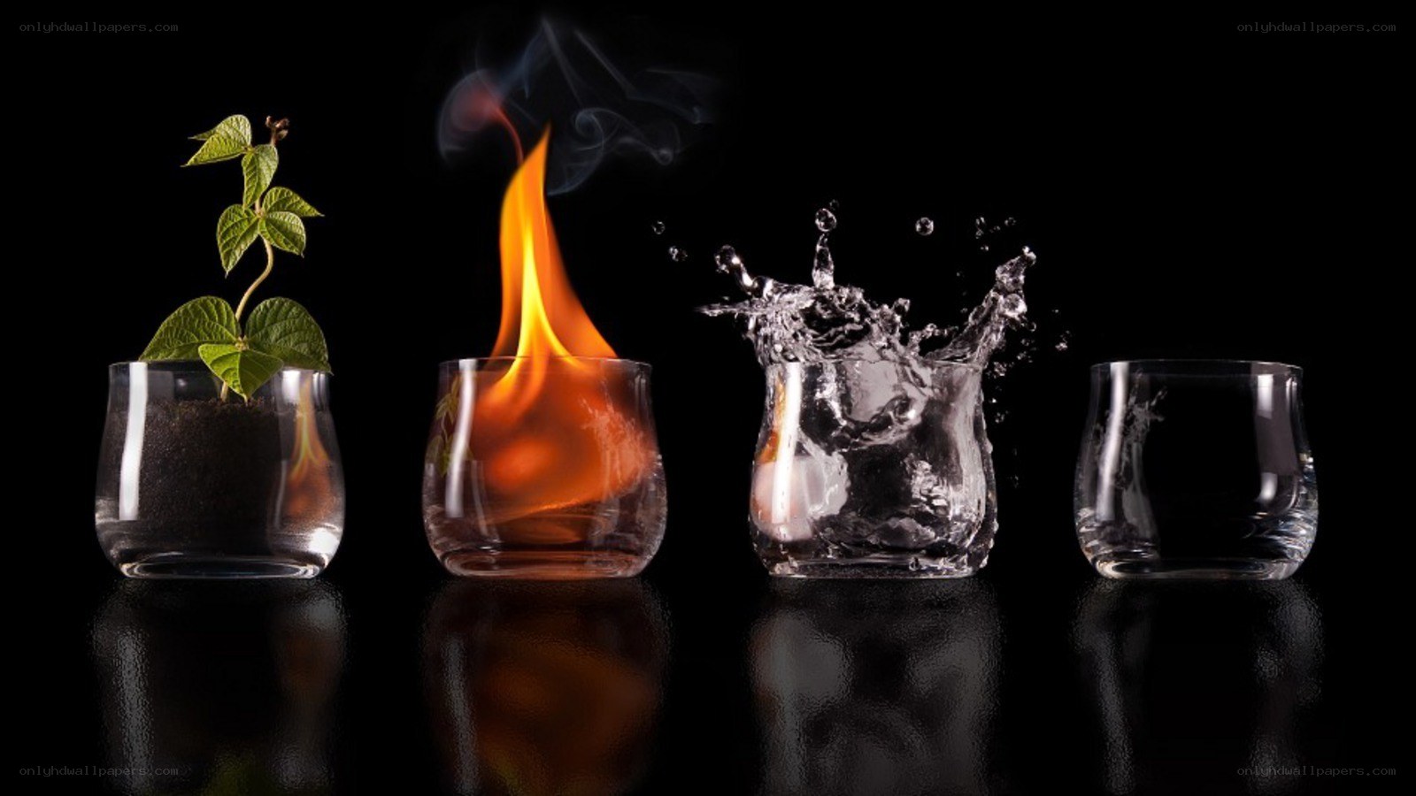 Four elements in glass containers