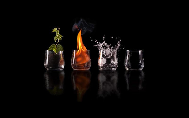 Four elements in glass cups