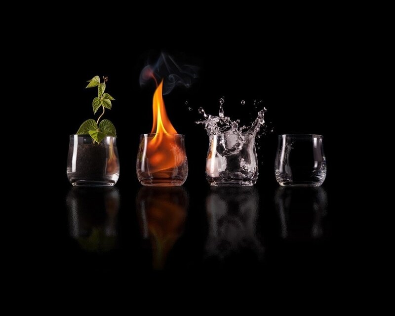 Four Elements in Glasses — Black, Dramatic, Photograph, Plant, Fire