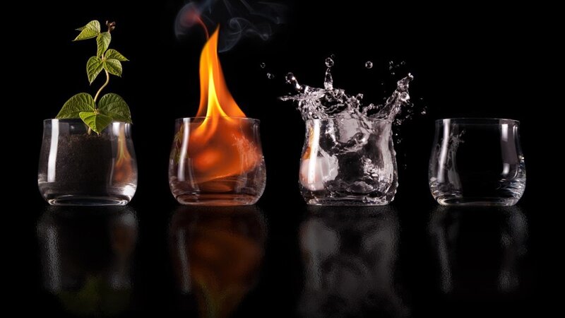 Four Elements in Glasses — Black, Dramatic, Photograph, Plant, Fire, Water, Glass, Green, Orange