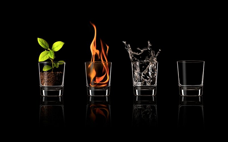 Four Elements in Glasses — Black, Dramatic, Photograph, Plant, Fire, Water, Glass