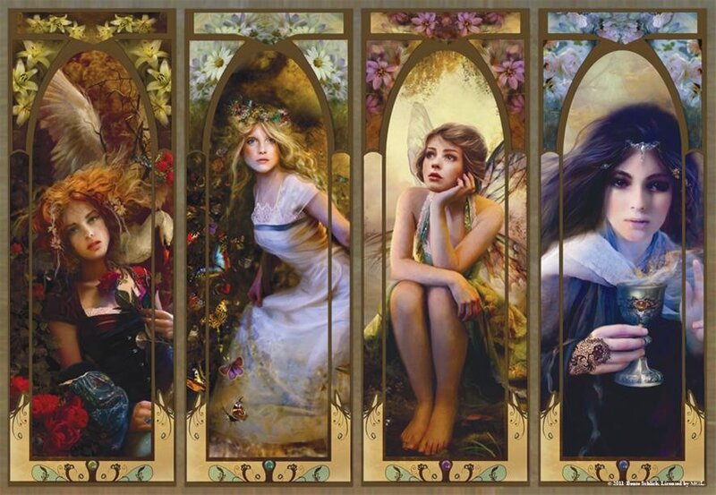 Four fairies in stained glass panels