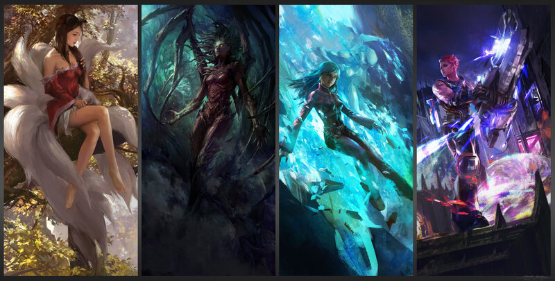 Four Fantasy Characters — Blue, Dramatic, Digital Art, Fox-like Creature