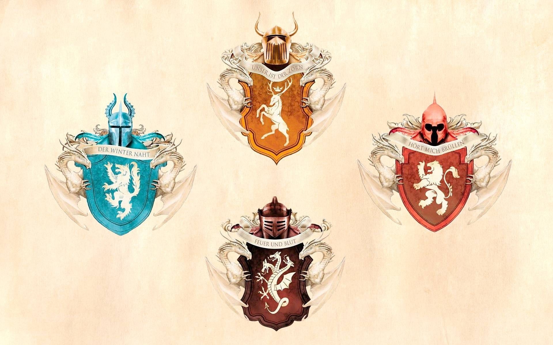 Four fantasy heraldic crests